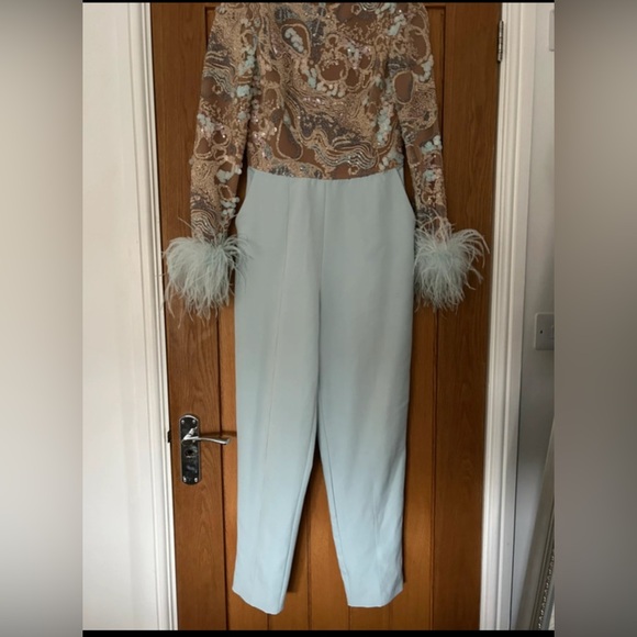 Lavish Alice Blue Cream Lace and Feather Jumpsuit